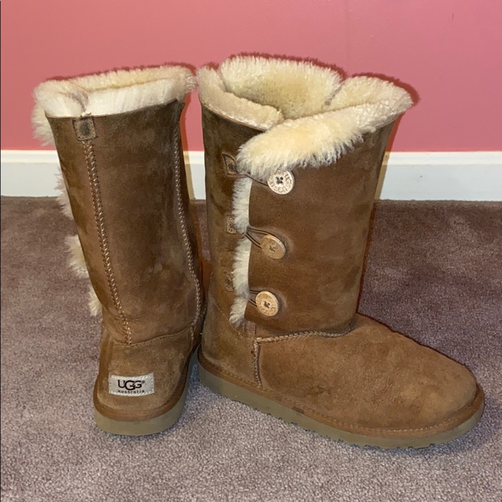 mildly worn chestnut UGG boots